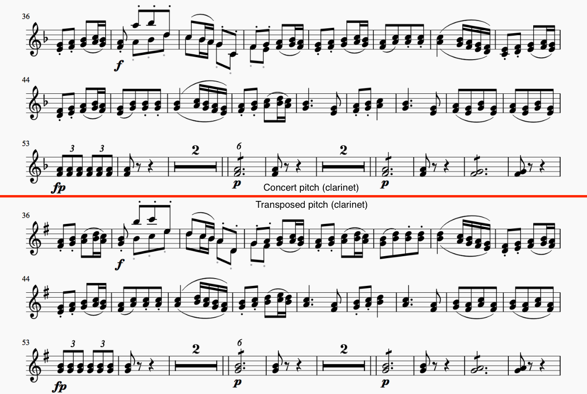 Clarinet music switching from concert pitch to transposed pitch
